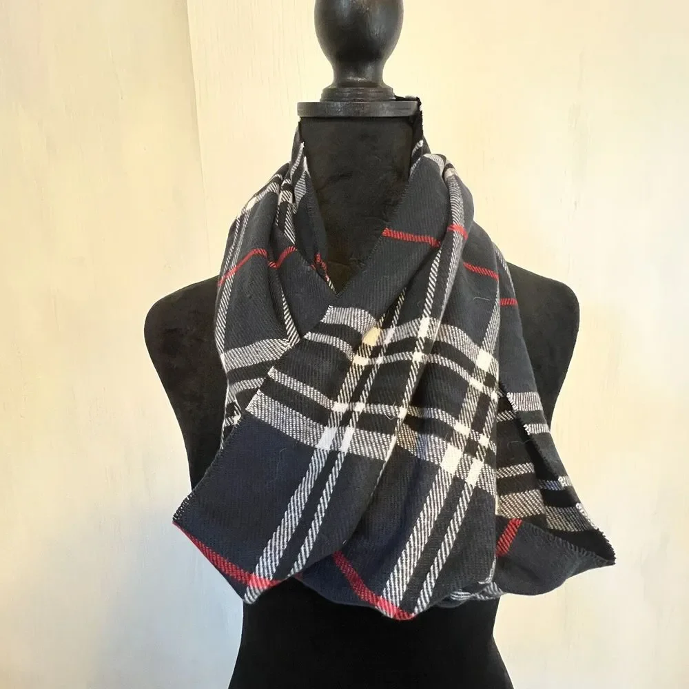 Navy Blue Plaid Infinity Scarf Cashmere Feel Acrylic Checkered Loop Scarf Womens